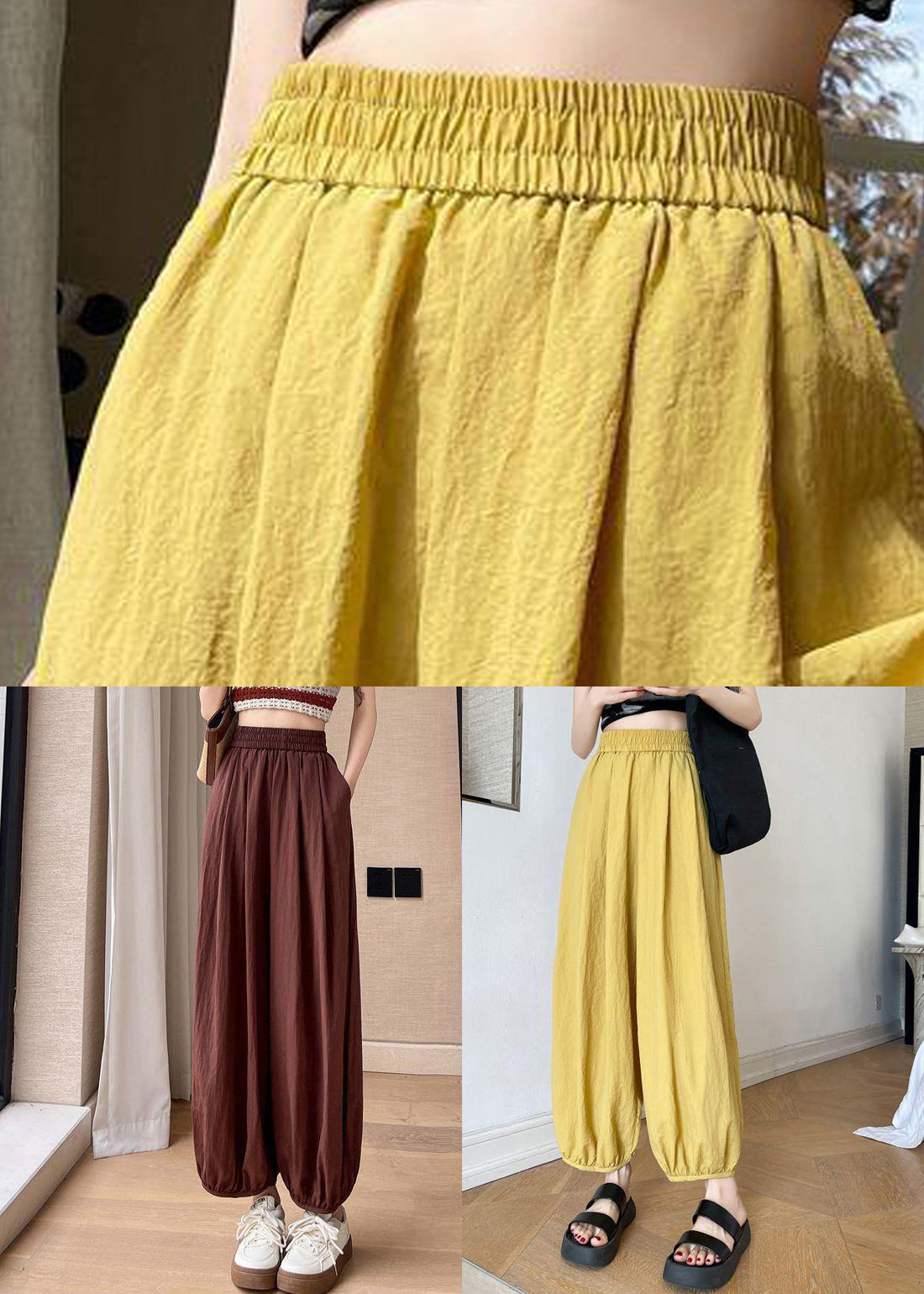 Pockets Elastic Pants Waist Brick Red Crop Solid Summer Cotton