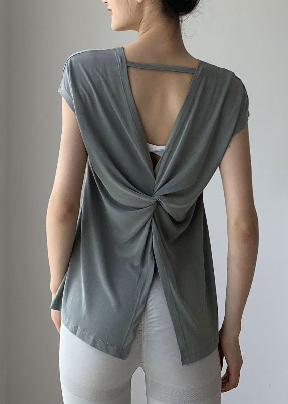 Schwärzlich Solide Kurze Falten Ärmel O-Ausschnitt Kurze Grüne Top Yoga