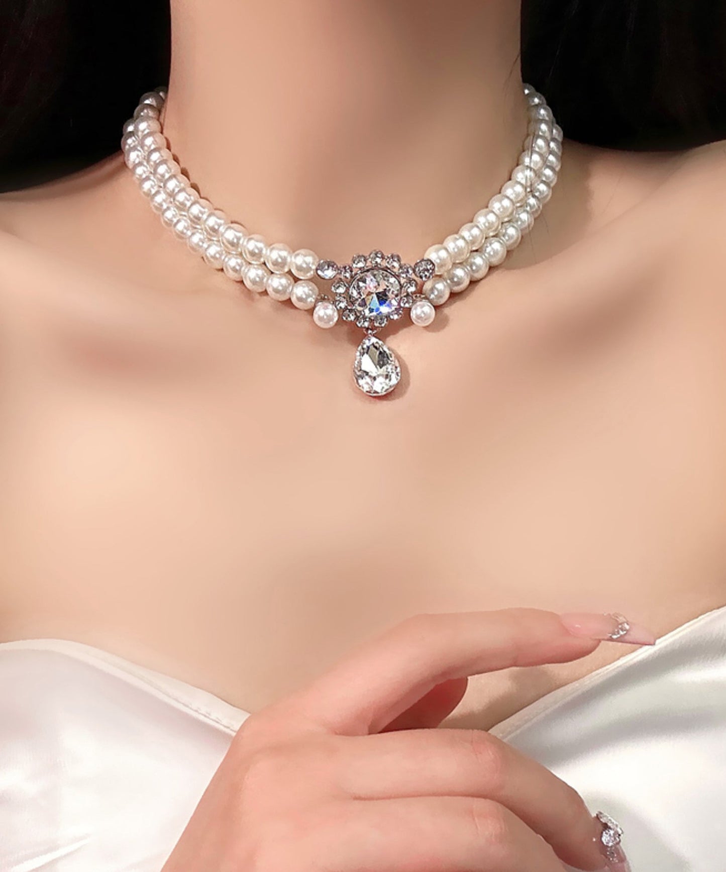 Collier avec pendentif en alliage de zircon blanc à double couche et perles QJ039