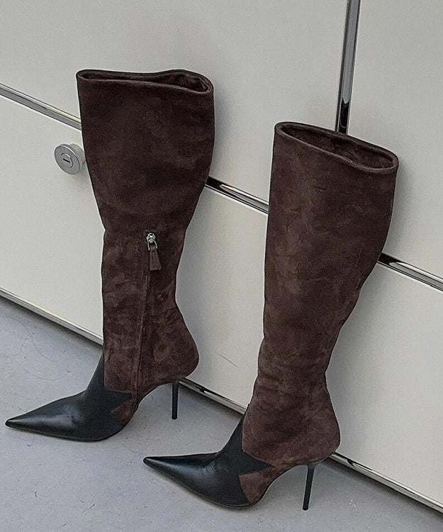 Braune Stiefel Stiletto Wildleder Handarbeit Spleißen Spitze Zehe TP007