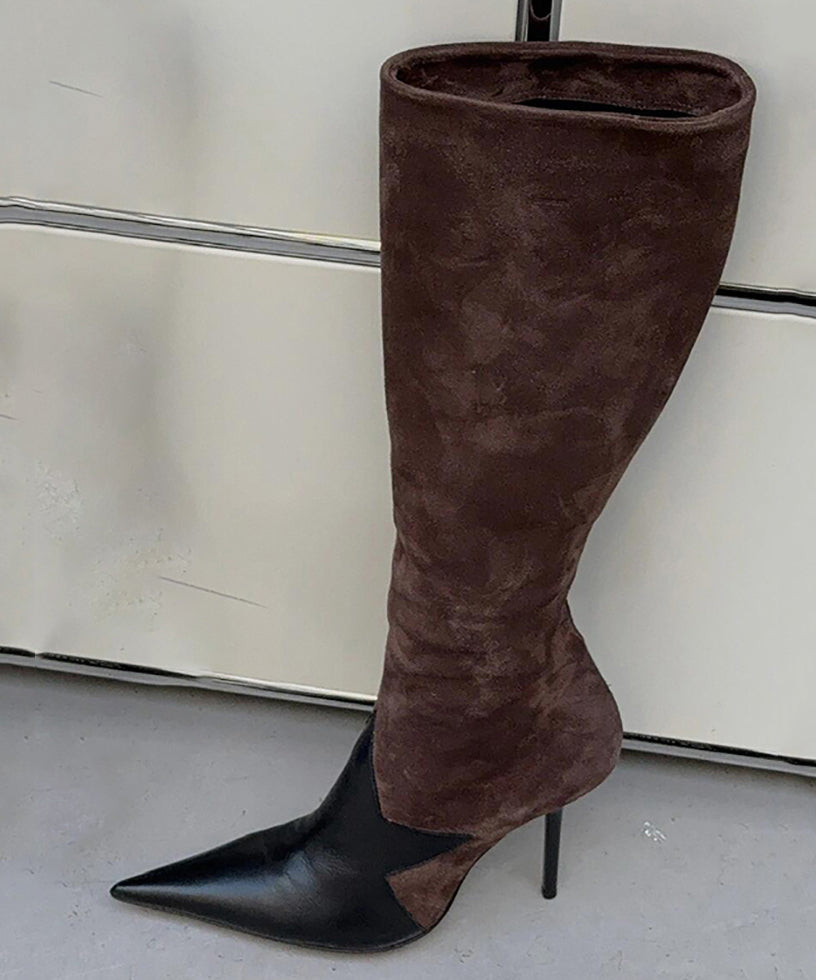 Braune Stiefel Stiletto Wildleder Handarbeit Spleißen Spitze Zehe TP007