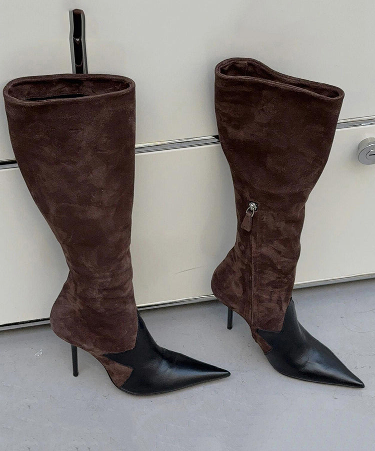 Braune Stiefel Stiletto Wildleder Handarbeit Spleißen Spitze Zehe TP007