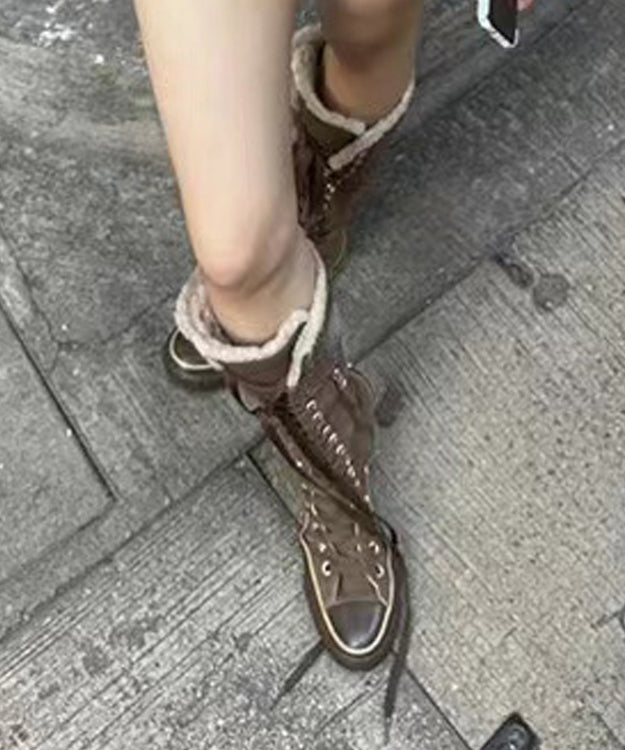 Braune Canvas 2024 Schnürstiefel mit Spleißfunktion, flauschiges Wollfutter TP017