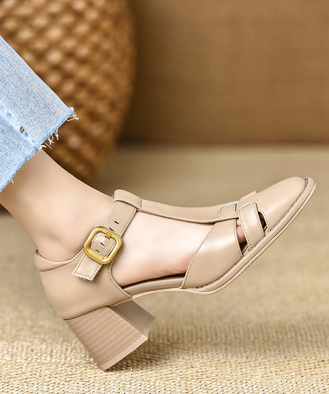Fine Brown Leather Heel Cowhide Splicing Sandals Chunky