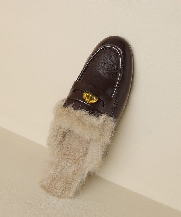 Mocassins en cuir de vachette marron doublés de laine pelucheuse OM018