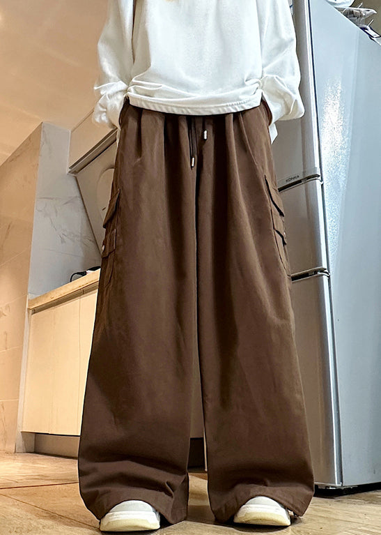 Pantalon large en coton élastique marron pour homme avec cordon de serrage et taille unie
