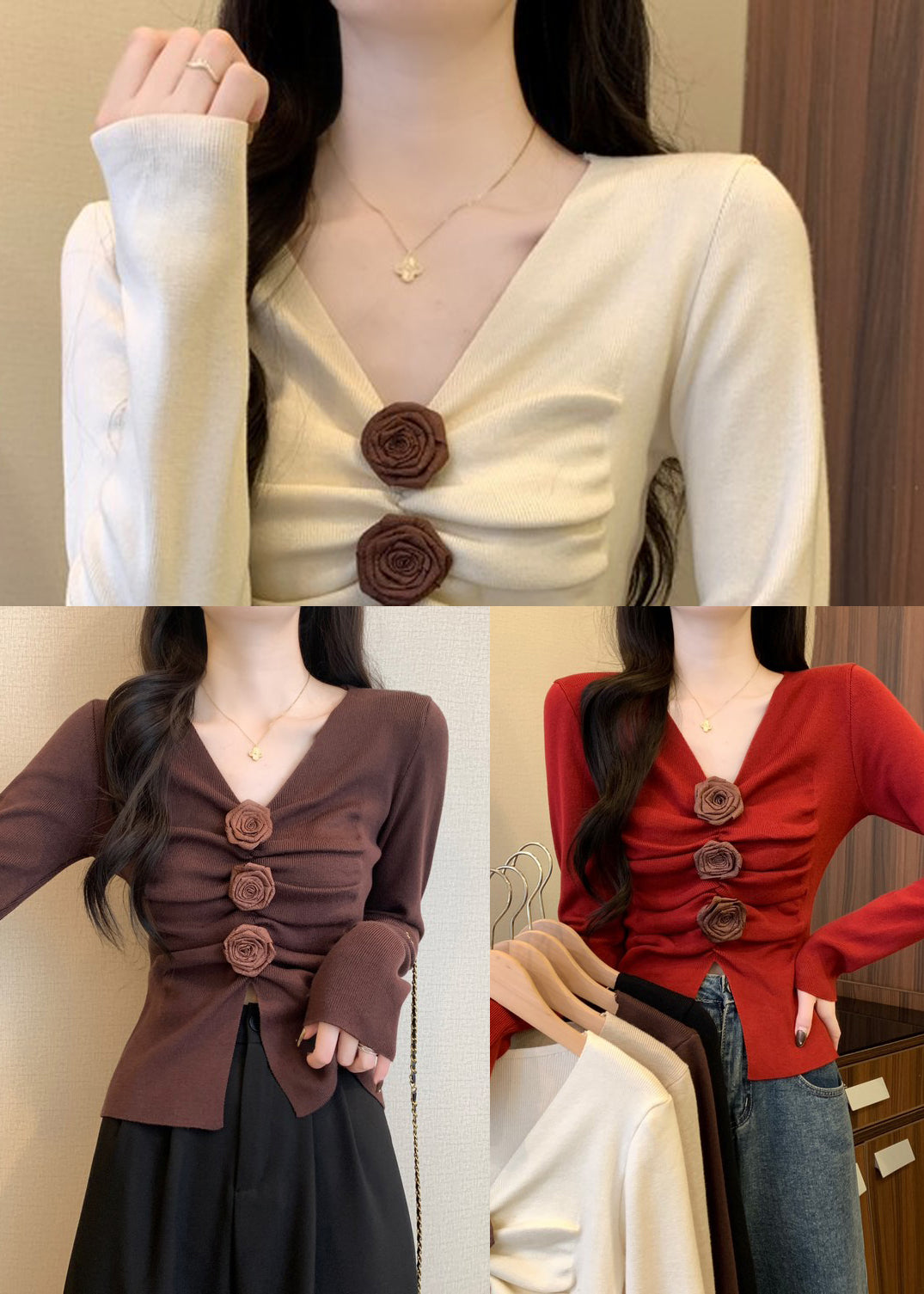 Brauner Strickpullover mit Blumenmuster, seitlich offen, Frühling TM031