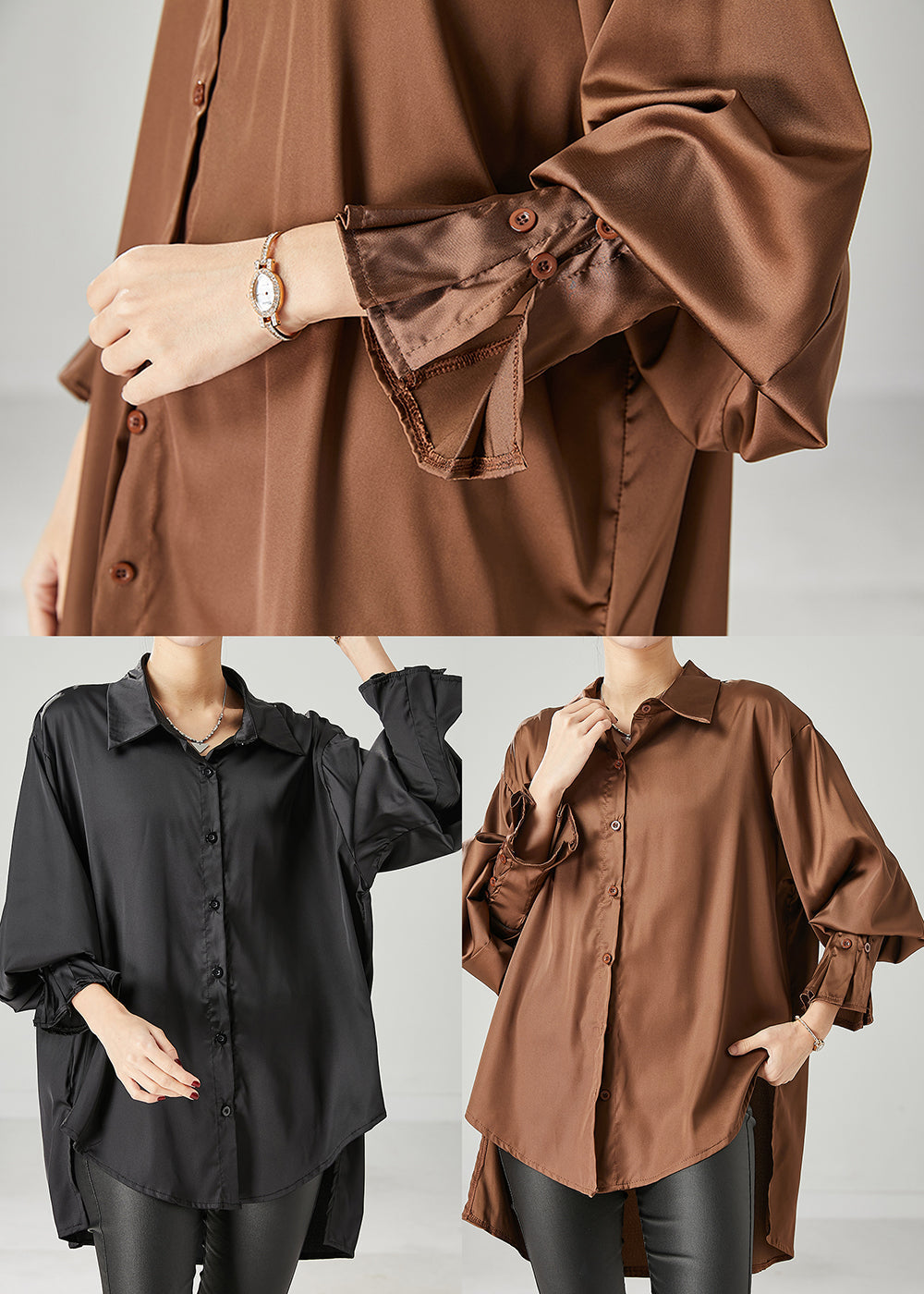 Braune übergroße Chiffonbluse mit niedrigem und hohem Design, Frühling YU1052