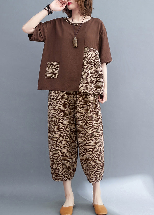 Two Print Summer Patchwork Set Brown Cotton Piece Asymmetrical