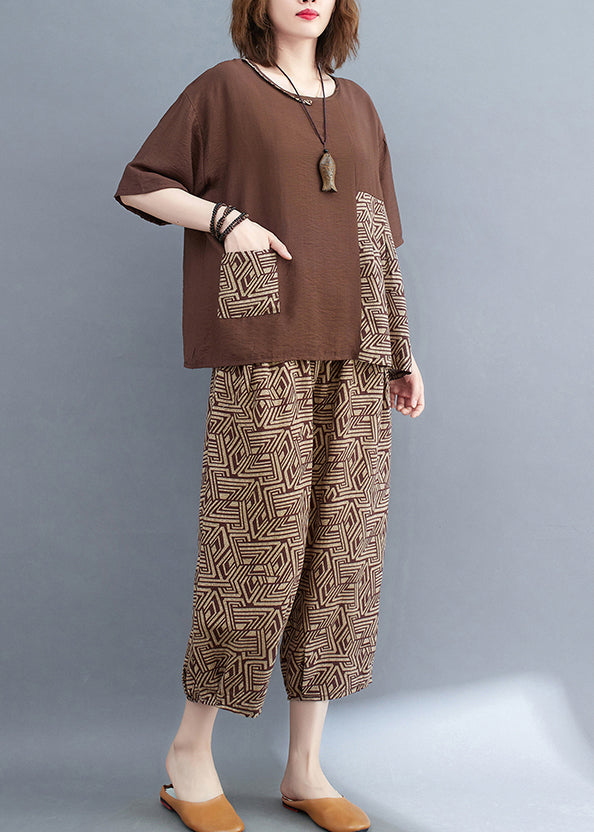 Two Print Summer Patchwork Set Brown Cotton Piece Asymmetrical