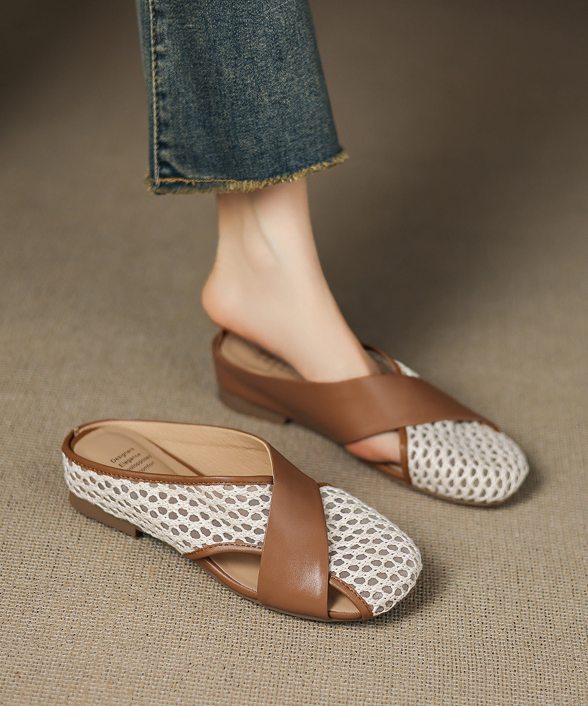 Slide Mesh Brown New Sheepskin Breathable Sandals Splicing