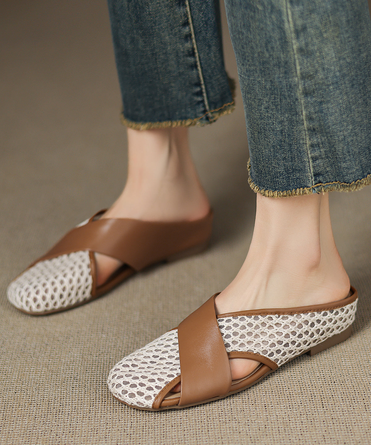 Slide Mesh Brown New Sheepskin Breathable Sandals Splicing