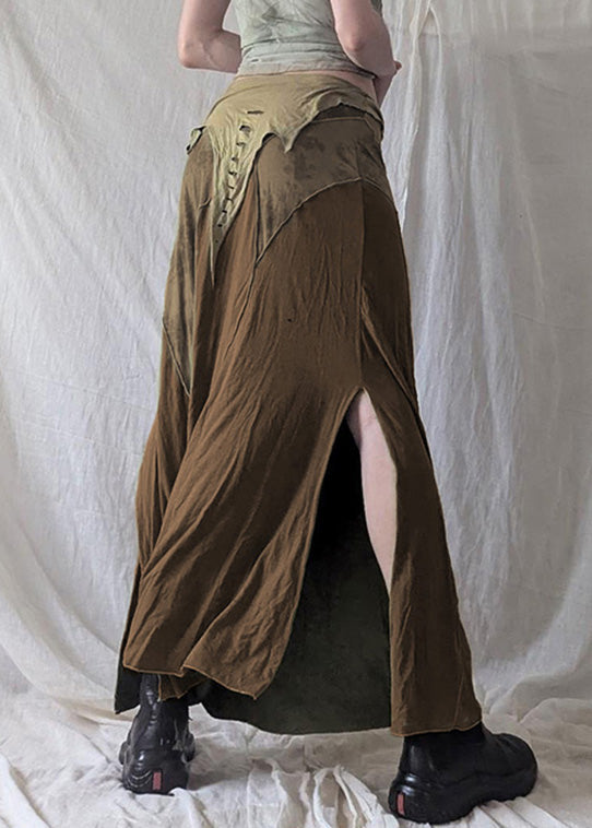 Offene Taille Patchwork Elastischer Rock Seitlich Braun Baumwolle Sommer