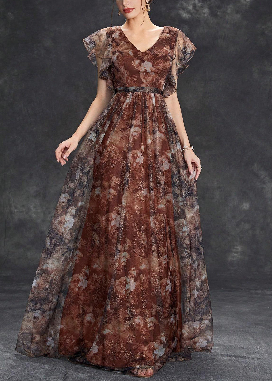 Ärmel Braun Tüll Print Langer Hals V Kleid Kurz