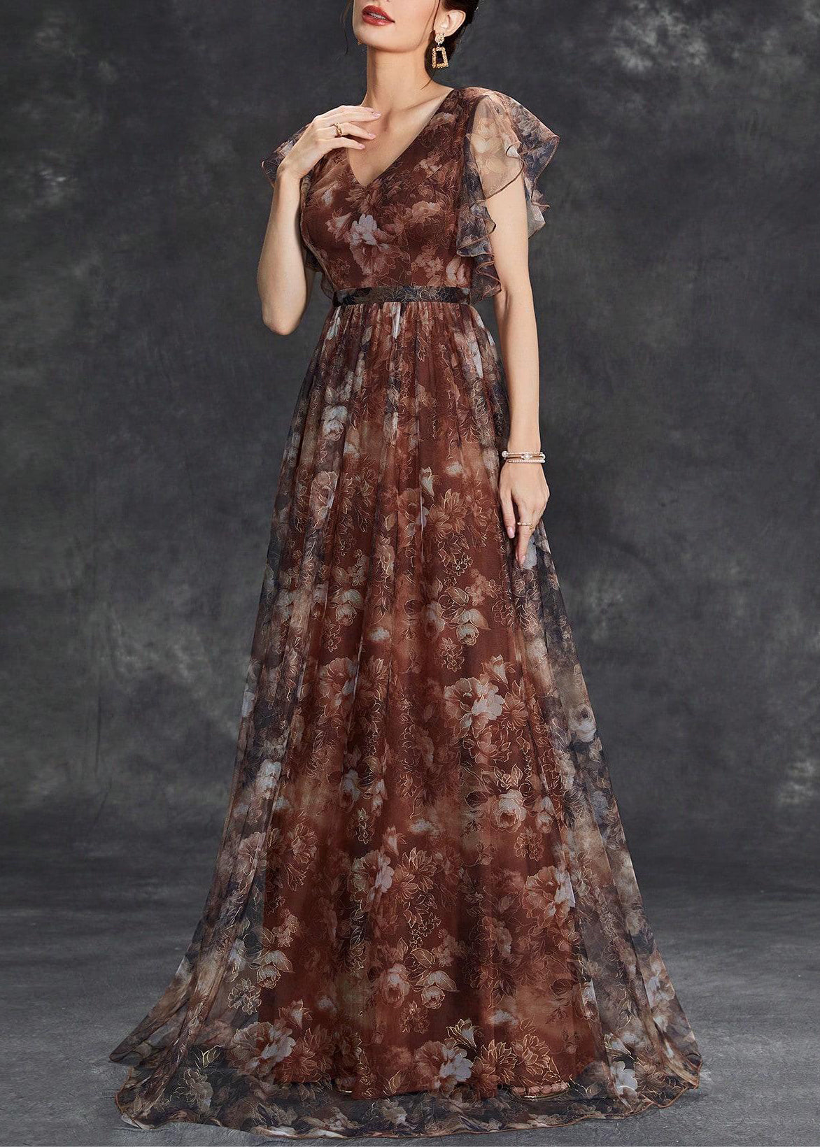 Ärmel Braun Tüll Print Langer Hals V Kleid Kurz