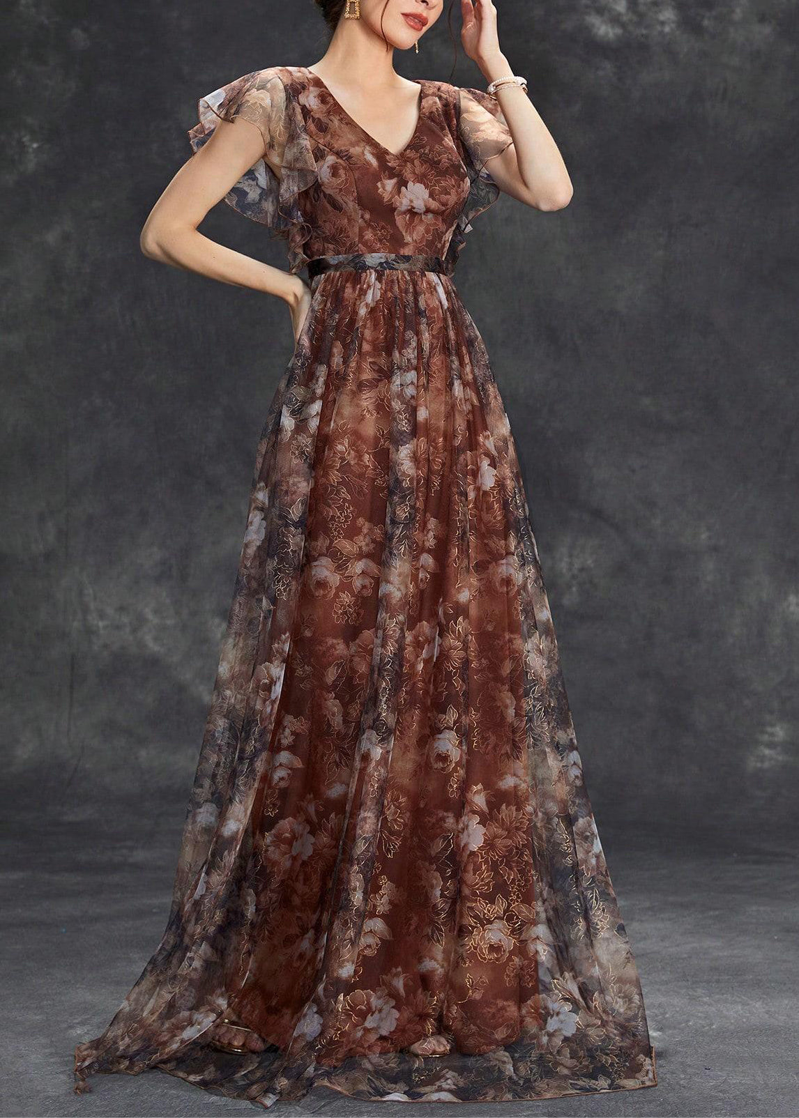 Ärmel Braun Tüll Print Langer Hals V Kleid Kurz