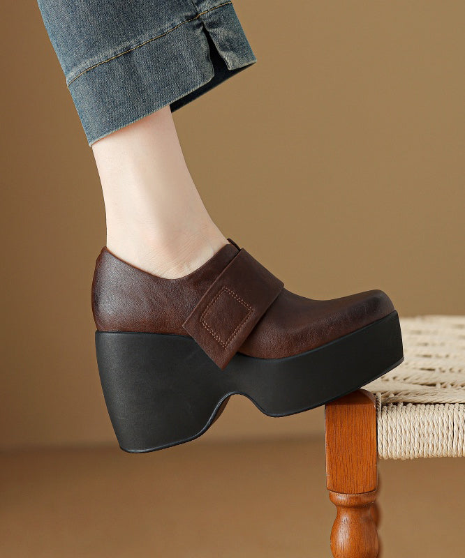 Brown Wedge Heels Platform Cowhide Leather Women Splicing YC002