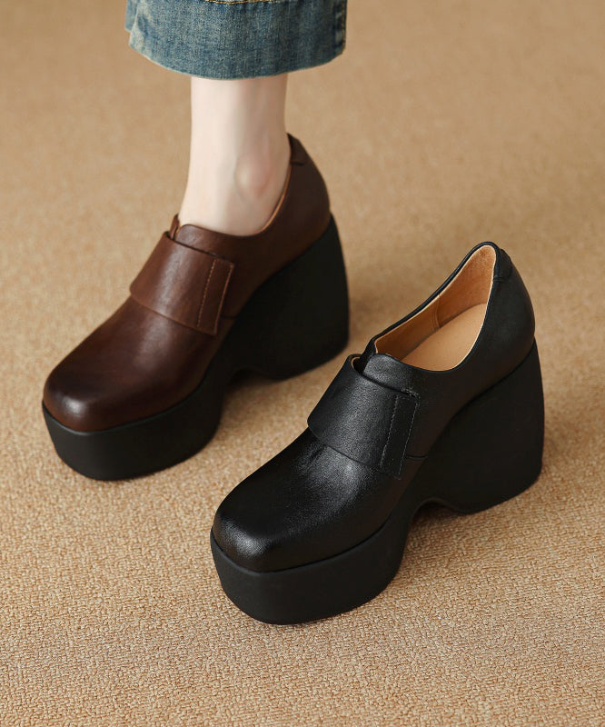 Brown Wedge Heels Platform Cowhide Leather Women Splicing YC002