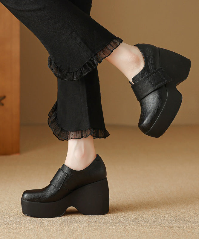 Brown Wedge Heels Platform Cowhide Leather Women Splicing YC002