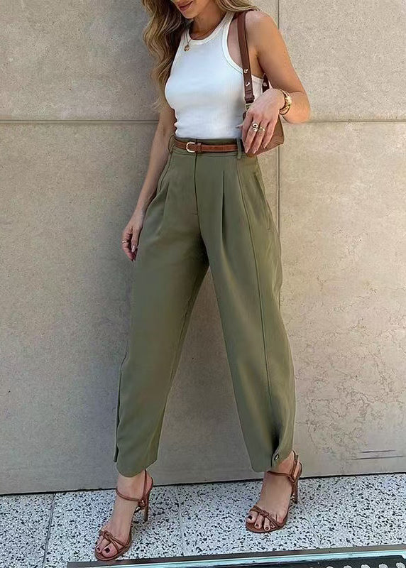 Pantalon sarouel taille haute décontracté vert automne coton