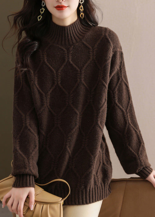 Lässiger beigefarbener, dicker Strickpullover mit halbem Hign-Ausschnitt, Tops für den Herbst QI031