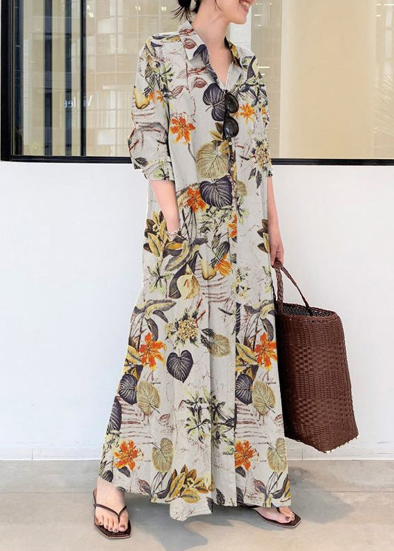 Knöchel Baumwolle Frühling Kleid Casual Beige Shirt Print Übergroßen