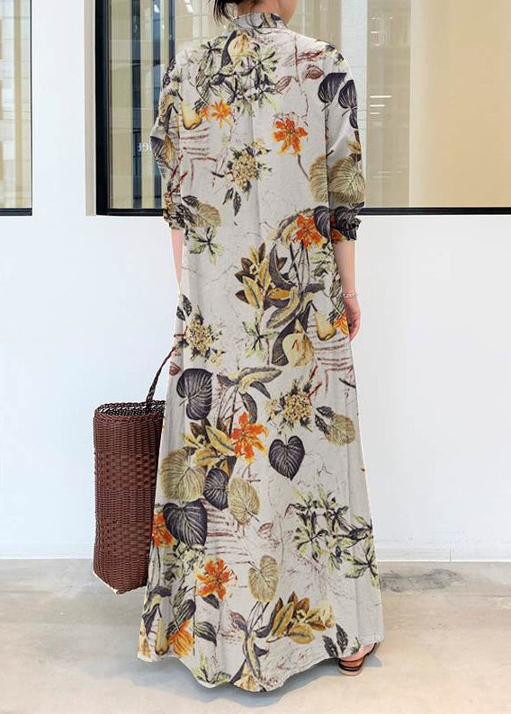 Knöchel Baumwolle Frühling Kleid Casual Beige Shirt Print Übergroßen