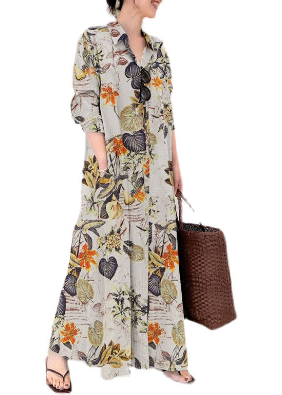 Knöchel Baumwolle Frühling Kleid Casual Beige Shirt Print Übergroßen