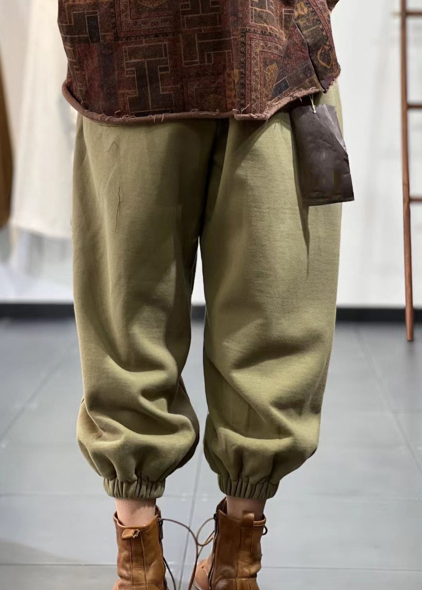 Pantalon de sport décontracté beige avec poches et taille élastique en polaire chaude pour l'automne RU014