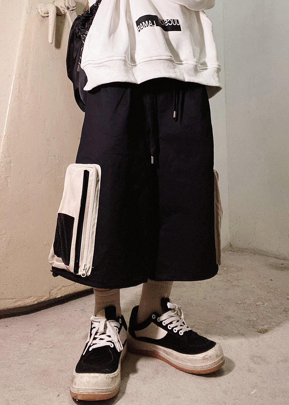 Short d'été décontracté surdimensionné en coton beige avec fermeture éclair et poches pour homme