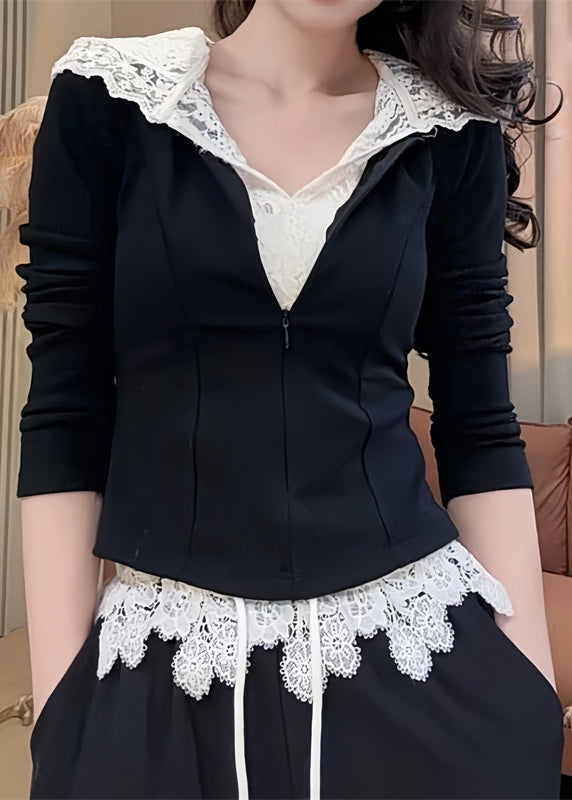 Sweat-shirt à capuche et patchwork en dentelle noir décontracté droit