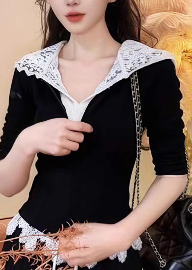 Sweat-shirt à capuche et patchwork en dentelle noir décontracté droit