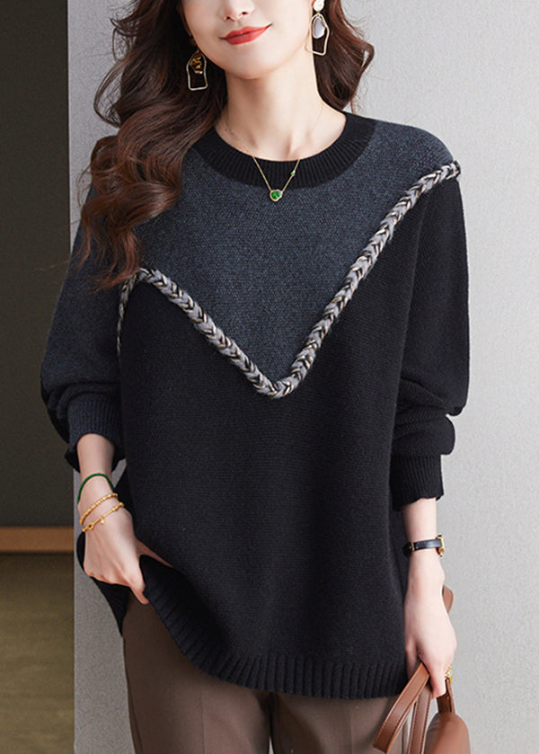 Casual Schwarz O Neck Patchwork Woll Strick Pullover Frühling TQ025