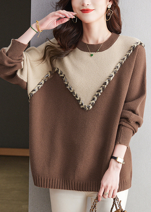 Casual Schwarz O Neck Patchwork Woll Strick Pullover Frühling TQ025