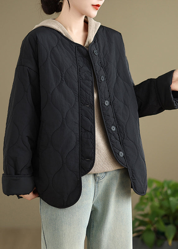 Manteau décontracté noir à col rond et poches boutonnées en coton fin, printemps TI001