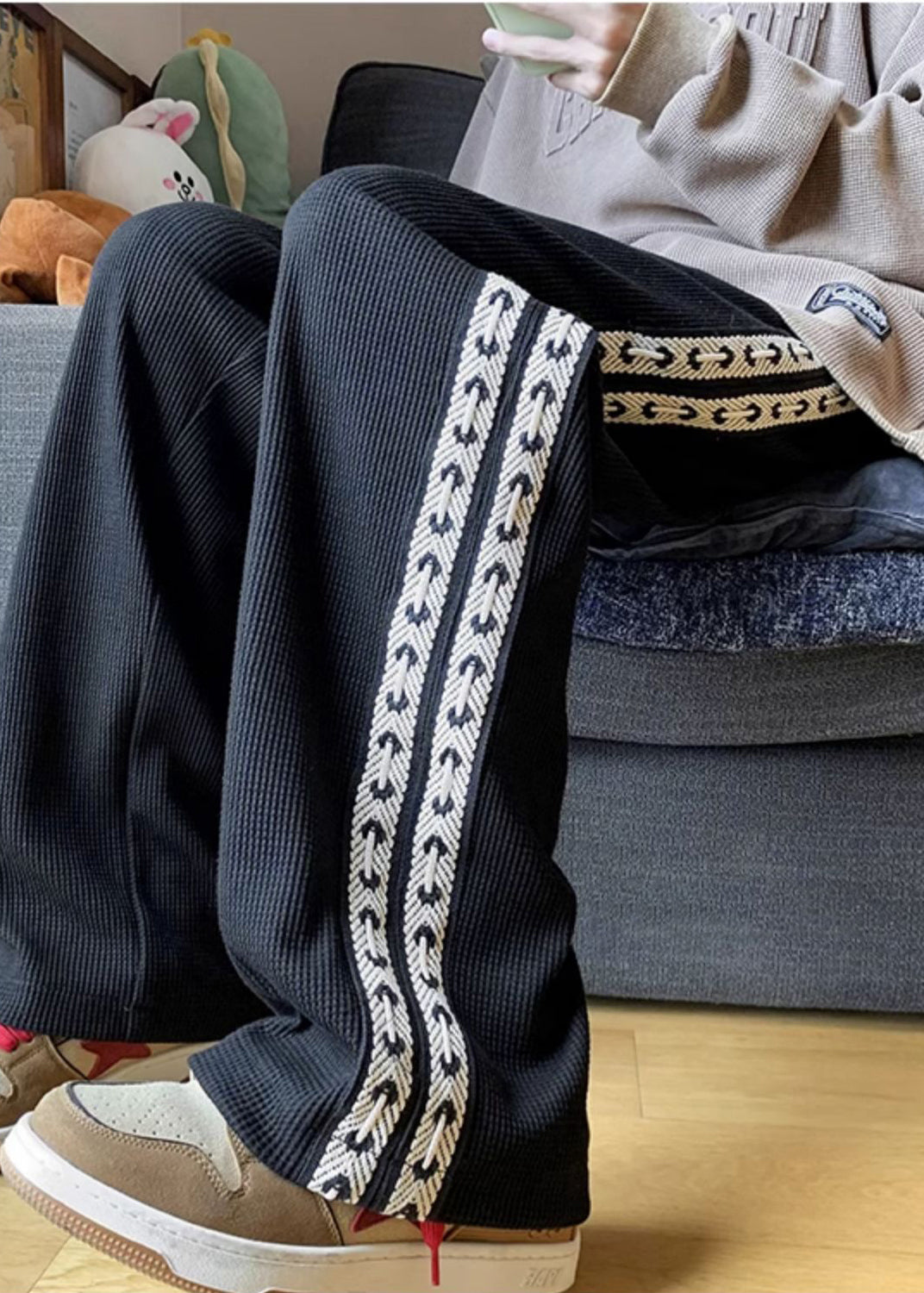 Pantalon noir en coton pour homme, style patchwork, décontracté et surdimensionné, collection printemps