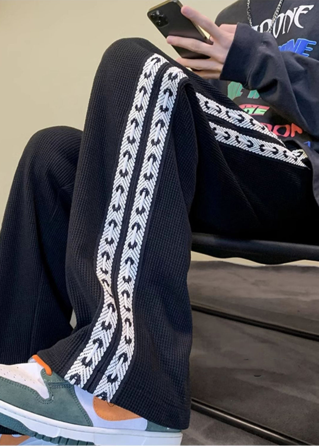 Pantalon noir en coton pour homme, style patchwork, décontracté et surdimensionné, collection printemps
