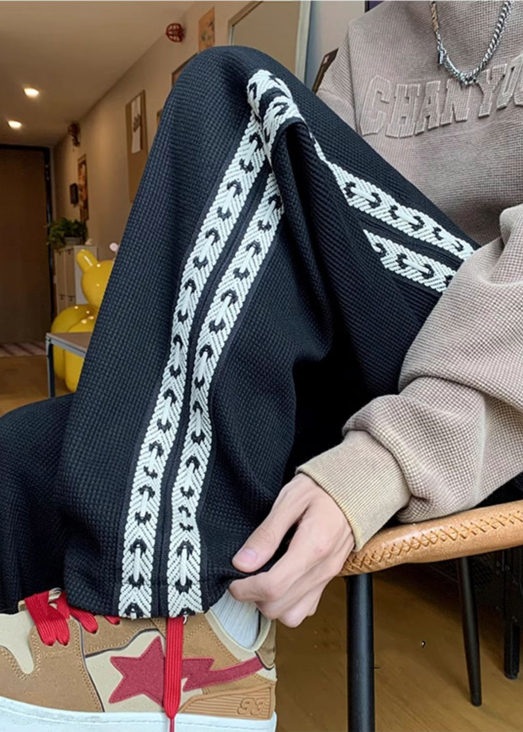 Pantalon noir en coton pour homme, style patchwork, décontracté et surdimensionné, collection printemps