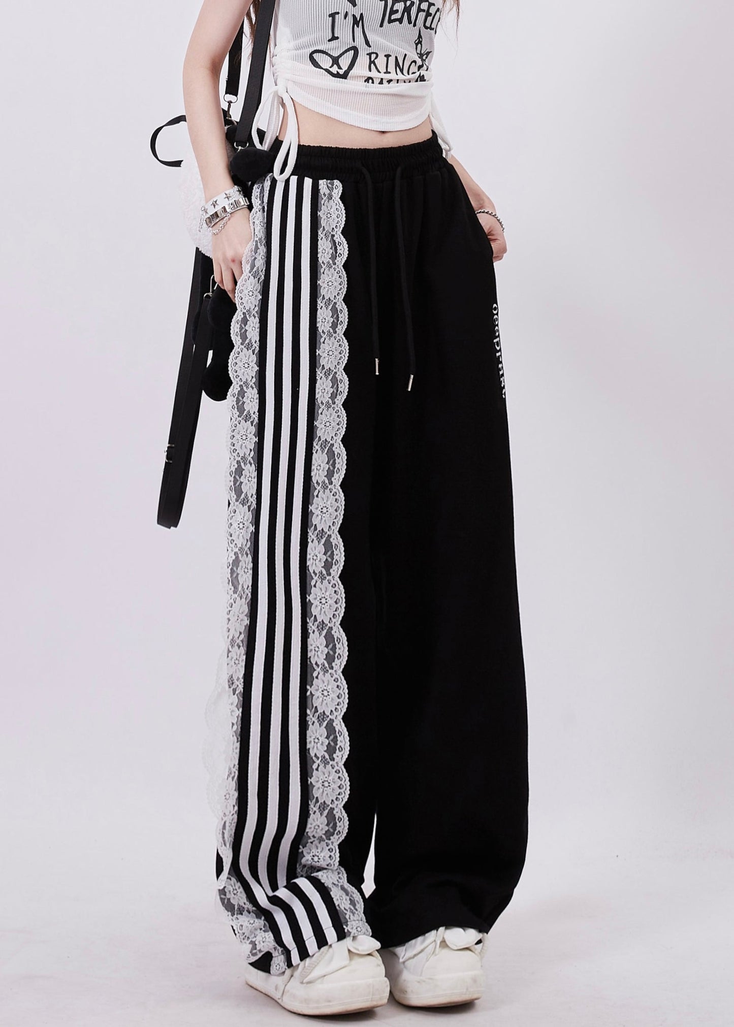 Lässige schwarze Taschen Hohe Taille Schnürung Patchwork Hose Sommer ZL053