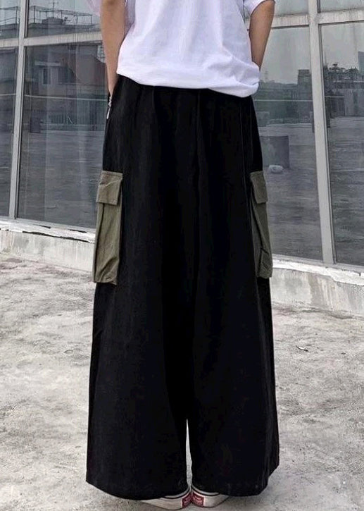 Pantalon noir en coton décontracté pour homme, jambes patchwork, poches larges