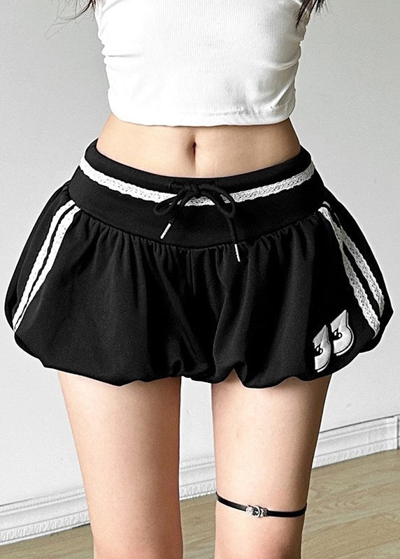 Waist Casual Shorts Striped Cotton Summer Elastic Black