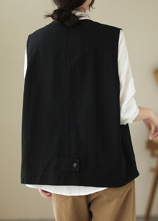 Lässige schwarze Weste mit V-Ausschnitt und Taschen, Patchwork, Baumwolle, Frühling, TI027