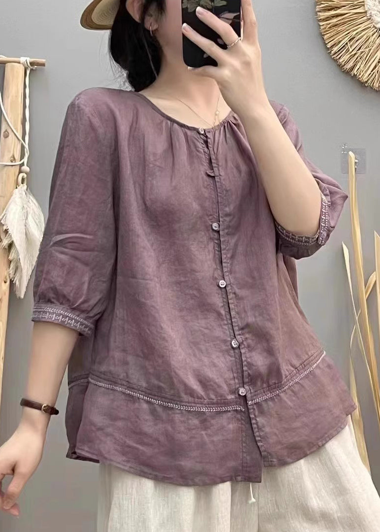 Blouse Cotton Embroidered Brick Tops Patchwork Red Casual Summer