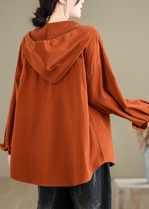 Lässiger ziegelroter Baumwollmantel mit Kapuze und Taschen in Übergröße für den Herbst OO003