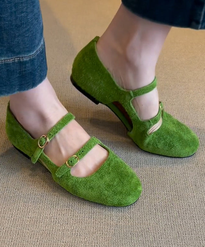 Suede Feet Green Buckle Casual Shoes Splicing Flat Strap