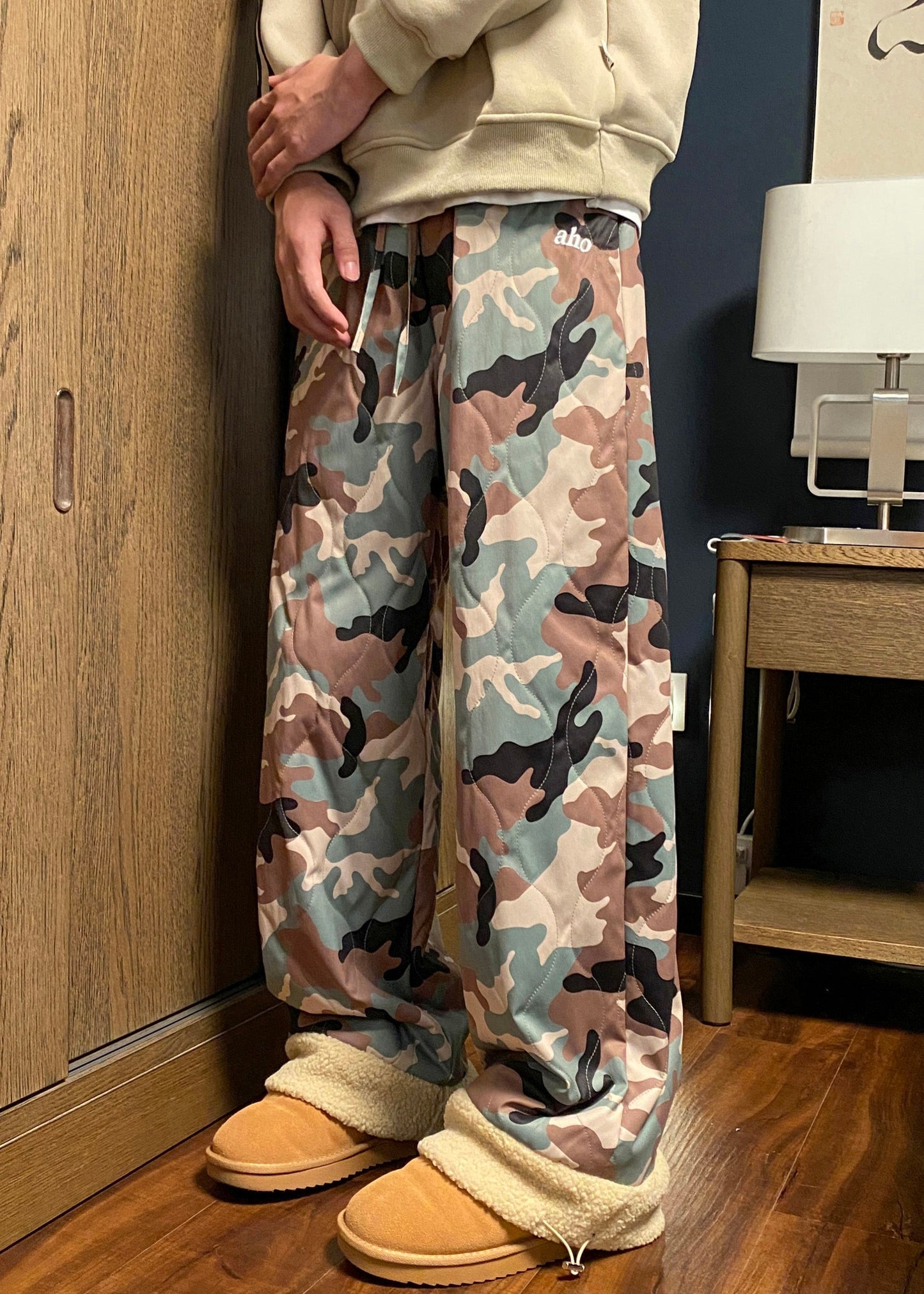 Pantalon décontracté camouflage taille élastique patchwork polaire chaud pour homme hiver RM038