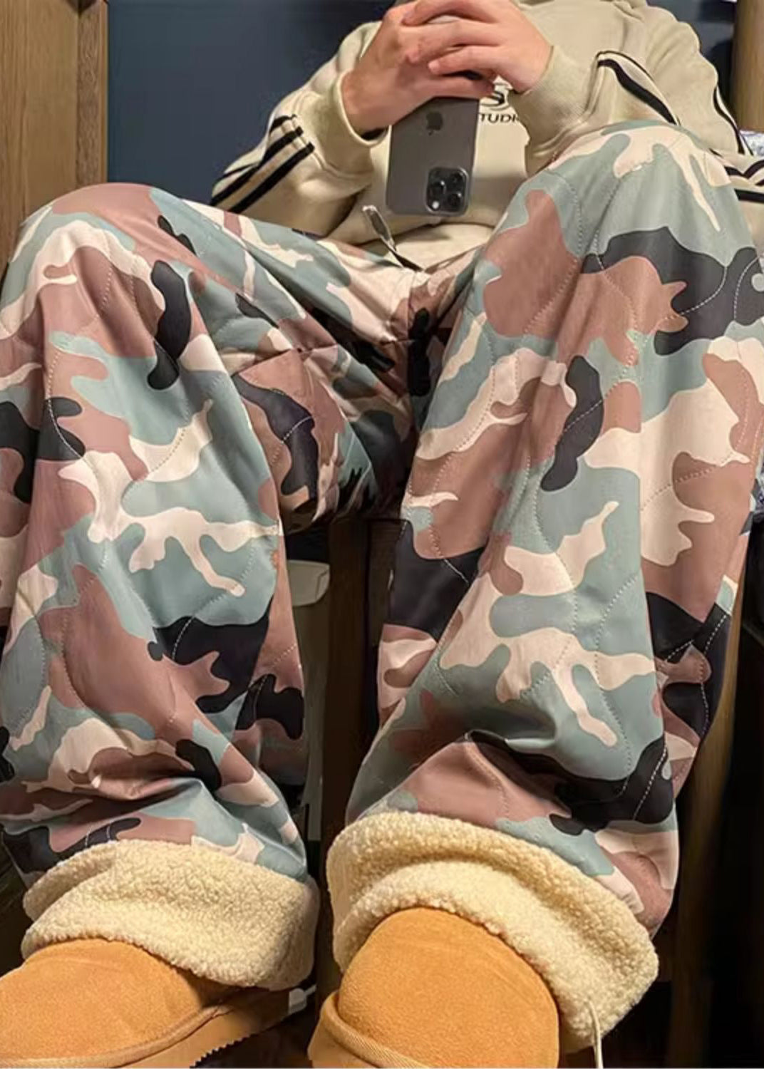 Pantalon décontracté camouflage taille élastique patchwork polaire chaud pour homme hiver RM038