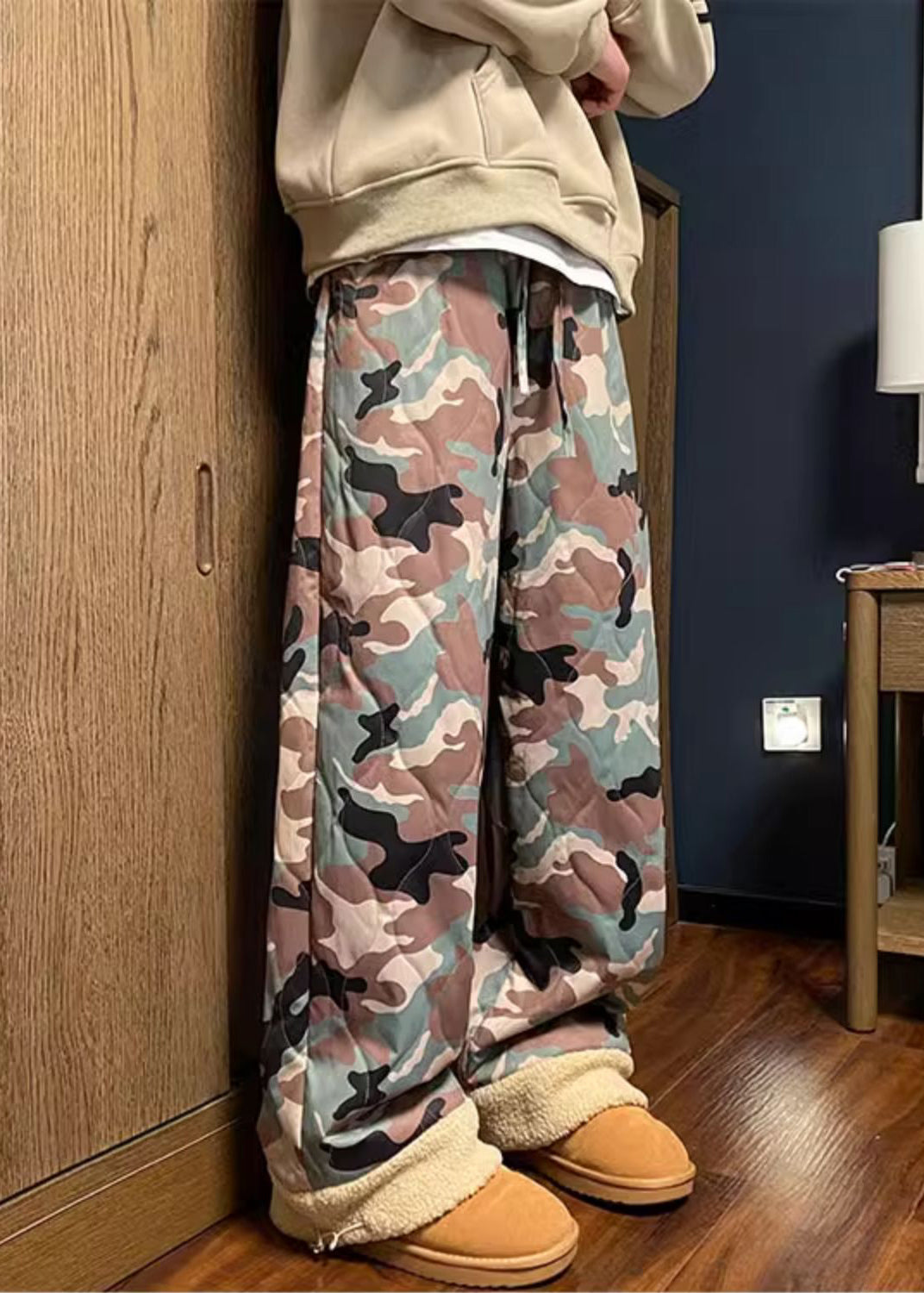 Pantalon décontracté camouflage taille élastique patchwork polaire chaud pour homme hiver RM038