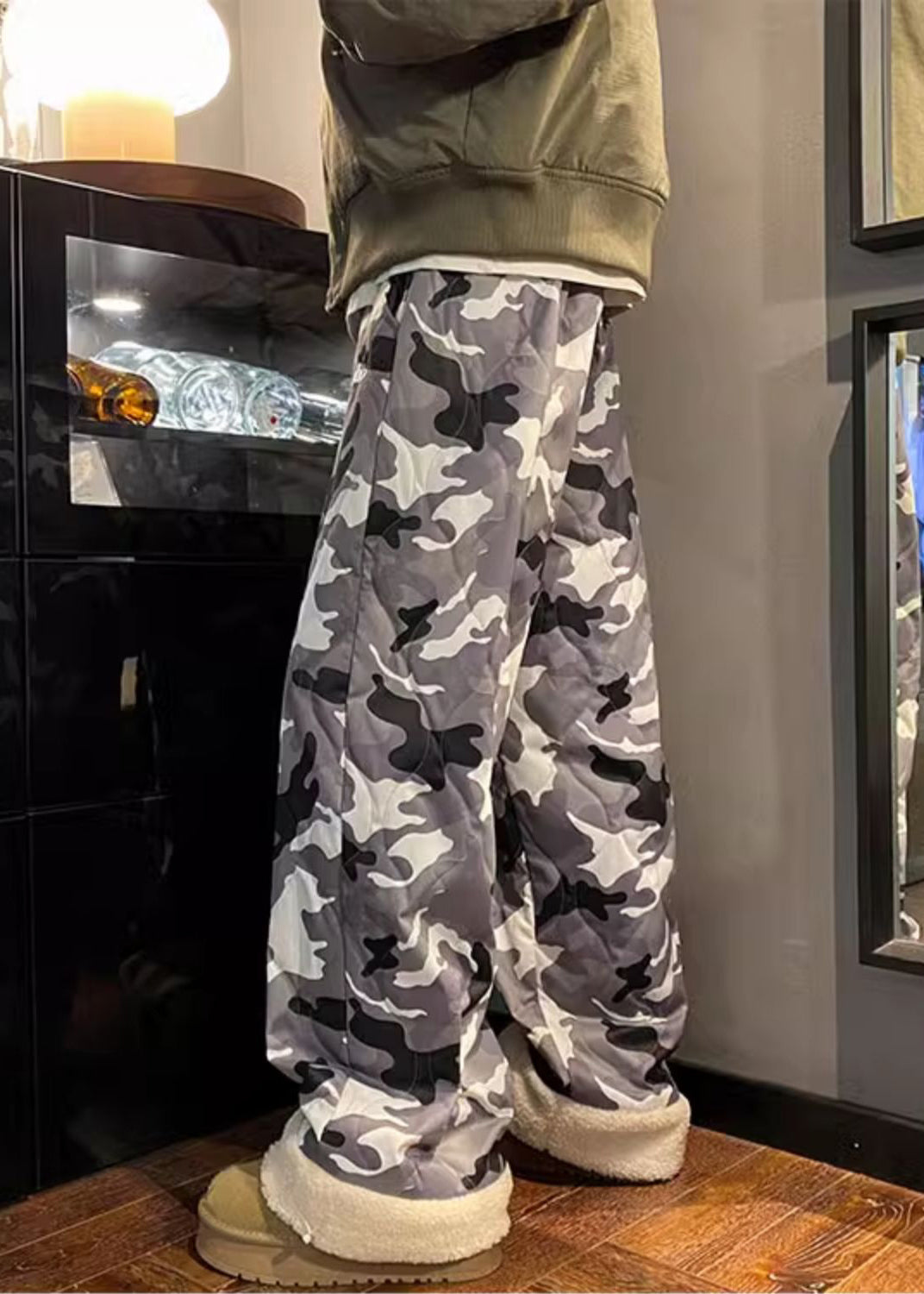 Pantalon décontracté camouflage taille élastique patchwork polaire chaud pour homme hiver RM038