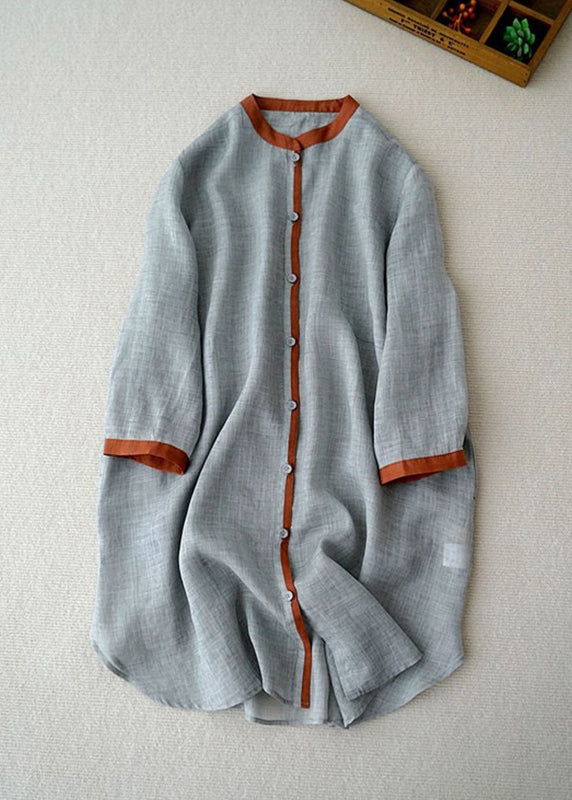 Lässiges Leinenhemd mit Stehkragen und Knopfleiste in Karamell, Ärmelarmband, TI029